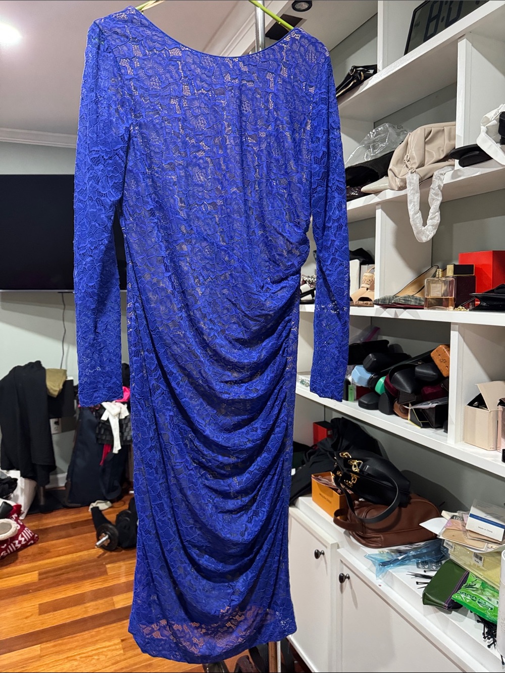 Dress the Population Royal Blue Long-Sleeve Lace Ruched Midi Dress